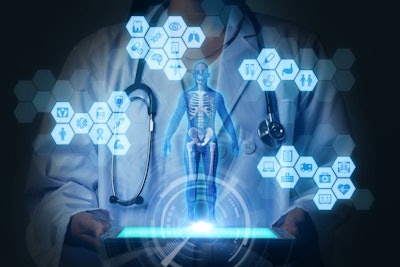 Graphic of doctor holding tablet with images of a body and various medical symbols