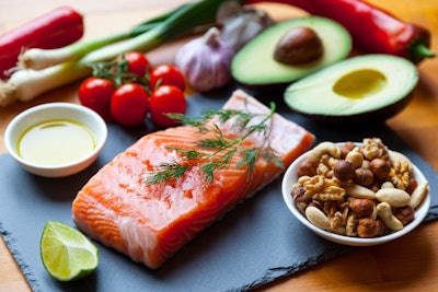 Image of fish, avocados, nuts and other Mediterranean diet foods