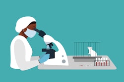 Professional lab worker black woman in uniform looks through a microscope, a white mouse in a cage and test tubes are on the table.