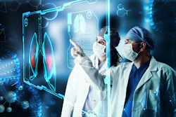 Graphic of two doctors looking at a digital screen showing lungs.