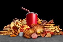 Graphic of fattening processed foods including hamburgers, pizzas, hot dogs, pretzels and more.