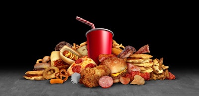 Graphic of fattening processed foods including hamburgers, pizzas, hot dogs, pretzels and more.