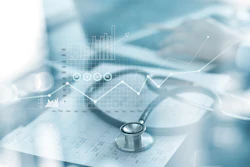 Background image of stethoscope with graphics of charts and data in the foreground.