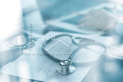 Background image of stethoscope with graphics of charts and data in the foreground.