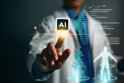 Blurred image of a doctor in the background pressing an AI button in the foreground.