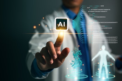 Blurred image of a doctor in the background pressing an AI button in the foreground.