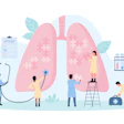 This is an illustration of tiny doctors trying to solve a puzzle of medical challenges within the human lung.