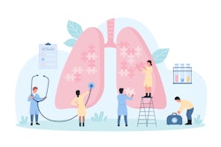 This is an illustration of tiny doctors trying to solve a puzzle of medical challenges within the human lung.