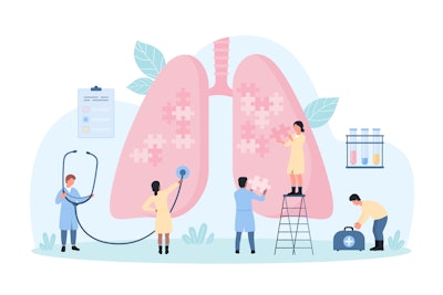 This is an illustration of tiny doctors trying to solve a puzzle of medical challenges within the human lung.