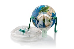 Planet Earth with respiratory problems connected with an oxygen mask