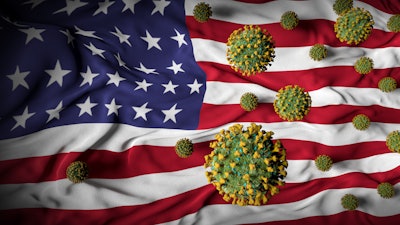 COVID-19 Coronavirus Molecules Swarming US Flag - Health Crisis.
