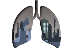 Illustration of lungs with a cityscape and air pollution inside.