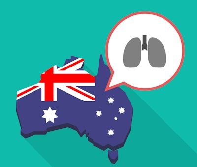 Illustration of a long shadow map of Australia with a comic balloon and a healthy human lung icon