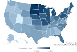 State variation in per-patient, COPD-attributable medical expenditures in 2019. Values are given in U.S. dollars.
