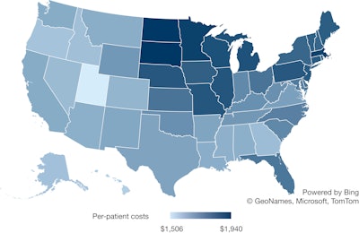 State variation in per-patient, COPD-attributable medical expenditures in 2019. Values are given in U.S. dollars.