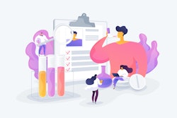 This is an illustration of a person using an asthma inhaler, surrounded by medical personnel who are looking at other therapies as well and a checklist of symptoms/treatments.