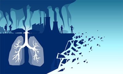 Vector of human lungs inhaling toxic pollutants, industrial toxins, cigarette smoke and car emission