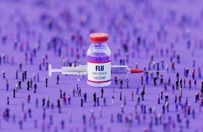 Graphic of flue shot bottle and needle surrounded by tiny people.