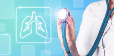 Image of medical professional holding a stethoscope up to a graphic of lungs.