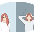 This is an illustration of a young woman smiling and then grabbing her head as she experiences some type of mental health episode.