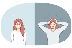 This is an illustration of a young woman smiling and then grabbing her head as she experiences some type of mental health episode.