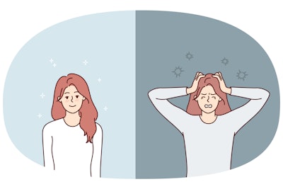 This is an illustration of a young woman smiling and then grabbing her head as she experiences some type of mental health episode.