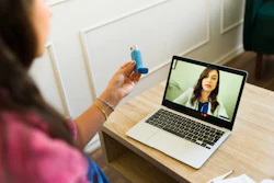 This is a photo of a female doctor and patient in a telehealth visit and one is holding an asthma inhaler.