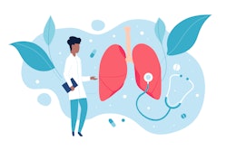 This is an illustration of a doctor in a white lab coat studying the human lungs.
