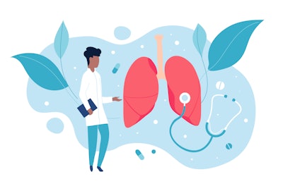 This is an illustration of a doctor in a white lab coat studying the human lungs.