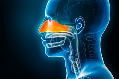 This is an illustration/x-ray-like image of the profile of the human head with a shadow highlighting the nasal cavity.