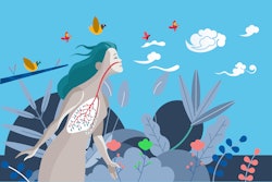 This is an illustration of a woman outside, breathing in fresh, clean air into her lungs.
