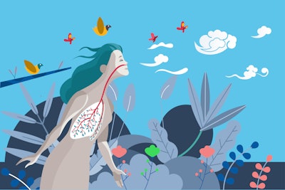 This is an illustration of a woman outside, breathing in fresh, clean air into her lungs.
