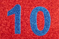 This is a graphic image of the number '10' written in blue over a red background.