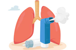 This is an illustration of human lungs and an inhaler next to them with a big, white puff coming from the inhaler.