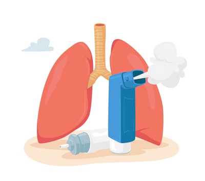 This is an illustration of human lungs and an inhaler next to them with a big, white puff coming from the inhaler.