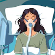 Patient on ventilator life-support wearing oxygen mask lying on hospital bed. Intensive care unit COVID disease lung treatment.