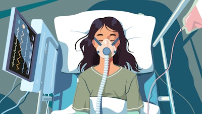 Patient on ventilator life-support wearing oxygen mask lying on hospital bed. Intensive care unit COVID disease lung treatment.