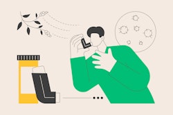 This is an illustration of a man treating his asthma exacerbations and unique phenotype with an inhaler.