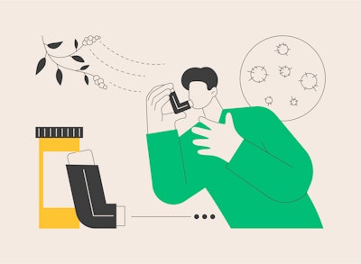 This is an illustration of a man treating his asthma exacerbations and unique phenotype with an inhaler.