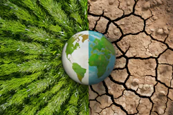 This is a conceptual image of Earth with one half showing lush greenery and the other half showing dry, cracked soil, representing environmental contrast.