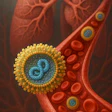 Microscopic view of nanoparticle carrying messenger mRNA to lungs