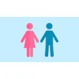 Pink female and blue male stick figure icons holding hands