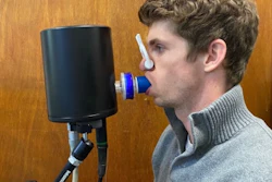 A volunteer undertaking a computed cardiopulmonography based breath test.