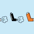 Three inhaler icons in white, black, and orange, showing exhaled breath