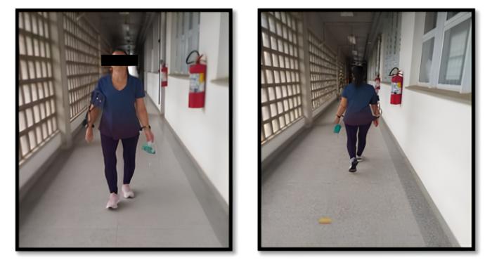 A volunteer patient performs the six-minute walk test, which is used to assess functional capacity.