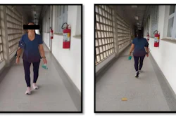 A volunteer patient performs the six-minute walk test, which is used to assess functional capacity.