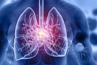 3D medical illustration of lungs showing inflammation and disease with glowing viral particles and branching airways