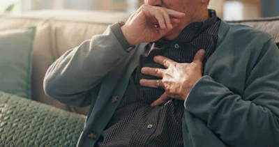 Man sitting on couch holding chest with concerned expression, suggesting health concern or discomfort