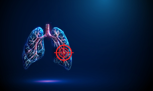 3D neon illustration of human lungs with blood vessels and highlighted virus particle on dark blue background