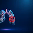 3D neon illustration of human lungs with blood vessels and highlighted virus particle on dark blue background